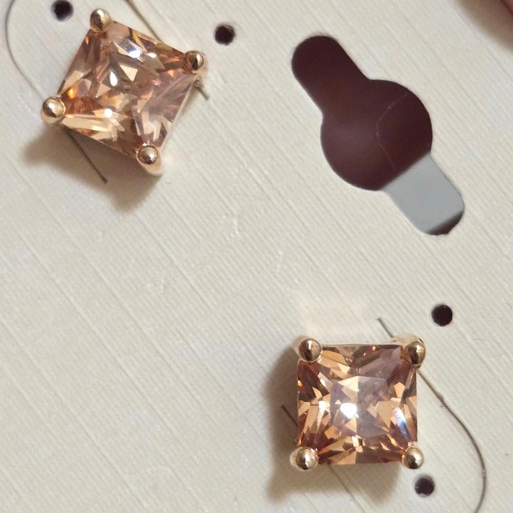 Vintage RS Covenant Stud Earrings Peach Champagne Cubic Zirconia Princess Cut